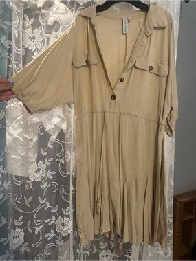 Light Tan Mini Dress with Button Front and Drawstring